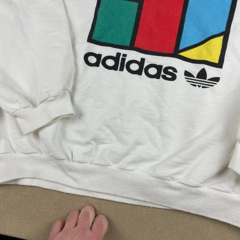 Vintage Adidas Sweater Mens Medium 80s Logo Pullover White Sports Graphic - Picture 4 of 11